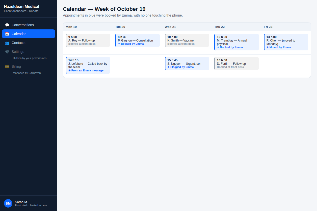 Preview of the client dashboard showing bookings on the calendar in real time