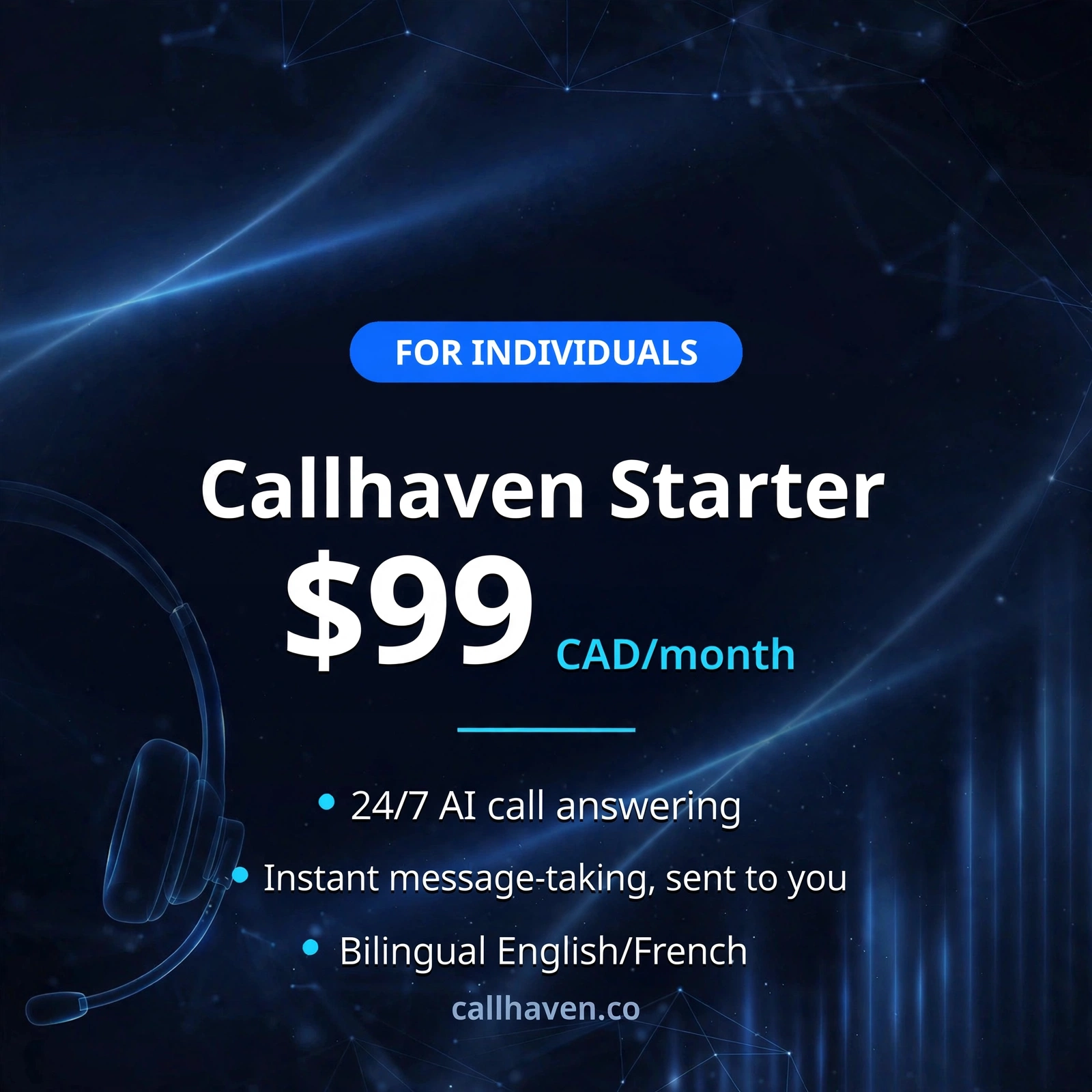 Callhaven Starter plan — $99 CAD per month